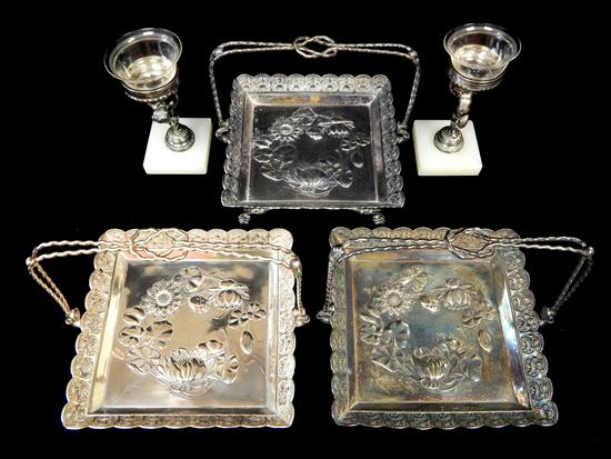 Appraisal: SILVER Five pieces of silverplate three square footed baskets by