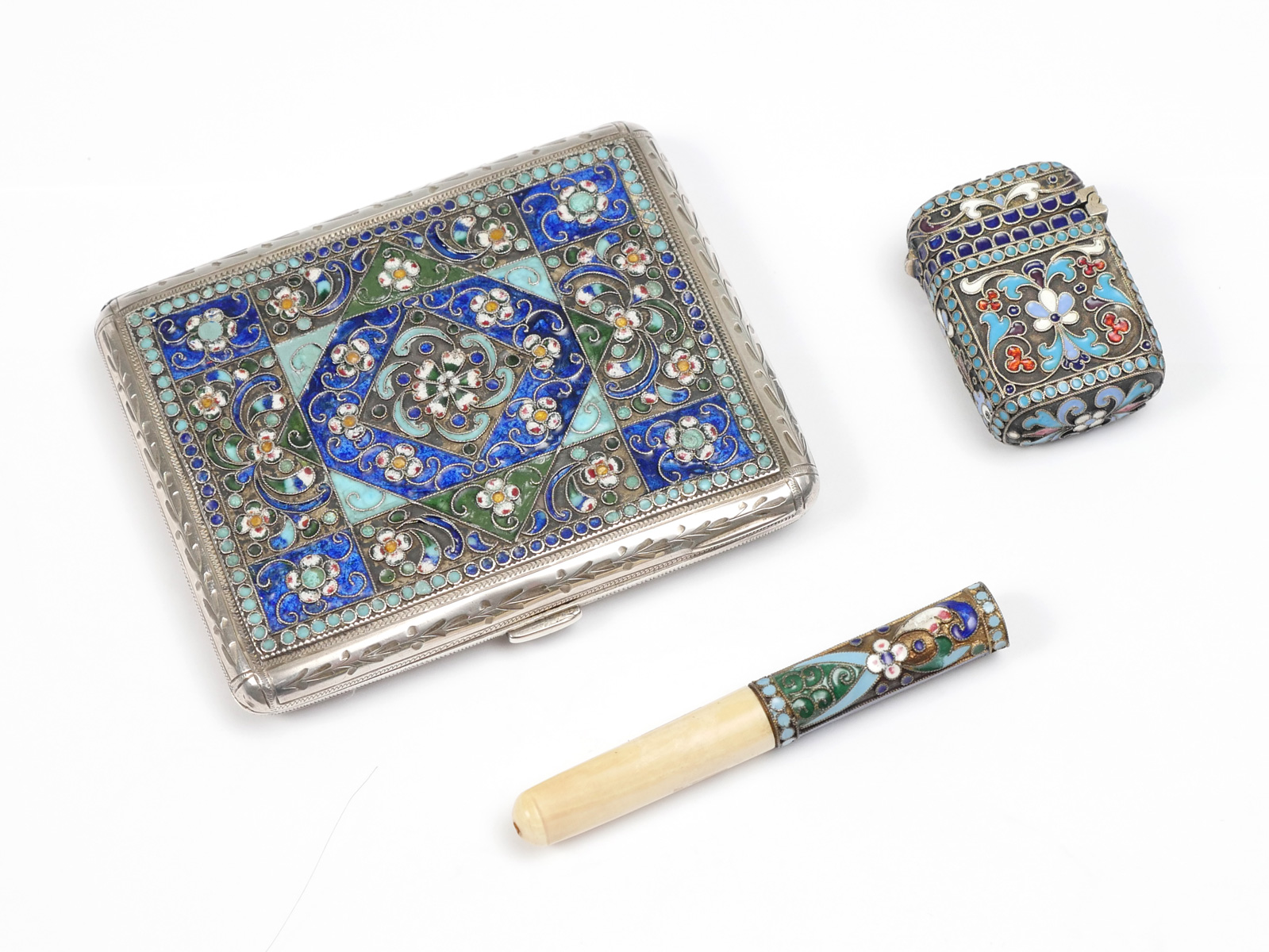 Appraisal: PC RUSSIAN SILVER-GILT CLOISONNE ITEMS Russian silver-gilt cloisonne cigarette case