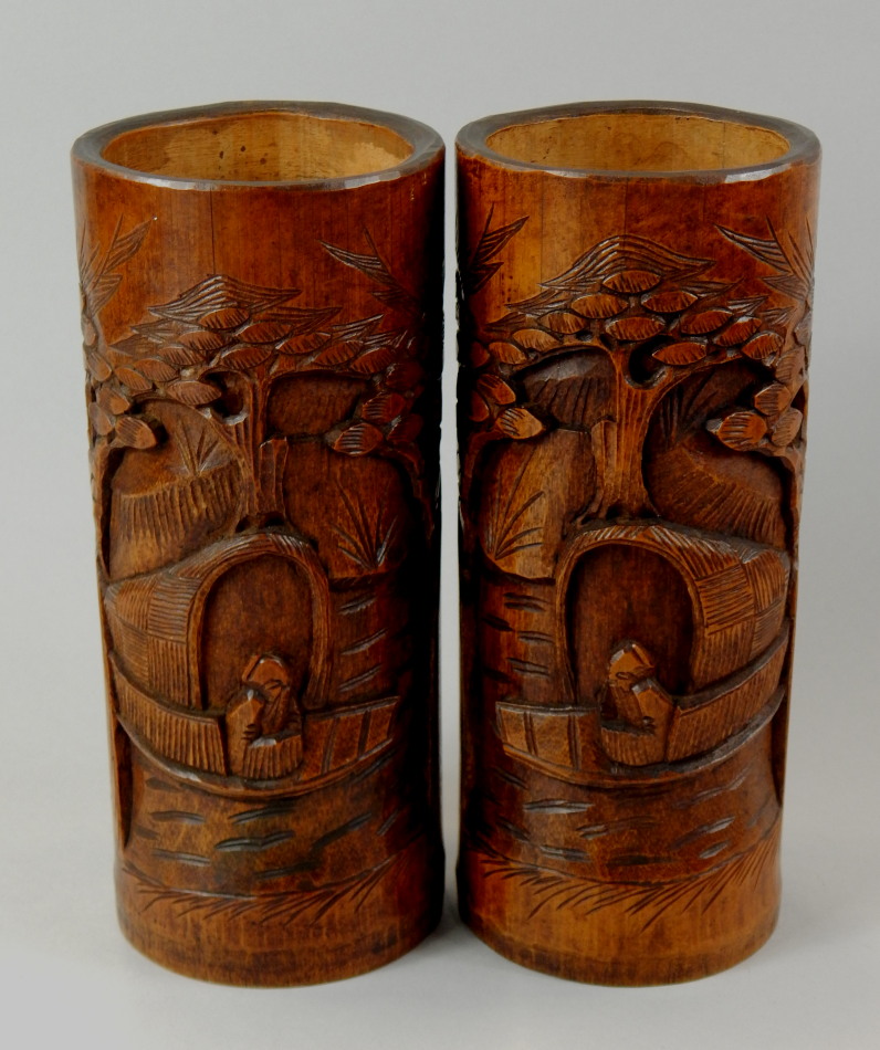 Appraisal: A pair of thC Chinese carved bamboo brush pots of