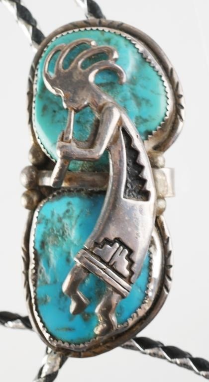 Appraisal: Sterling silver and turquoise bolo tie set with kokopelli figure