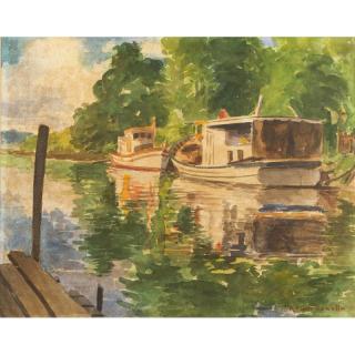 Appraisal: Ralph Sowell Painting Framed watercolor depiction of a houseboat by