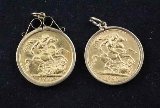 Appraisal: Two gold sovereigns in ct gold pendant mounts Estimate -