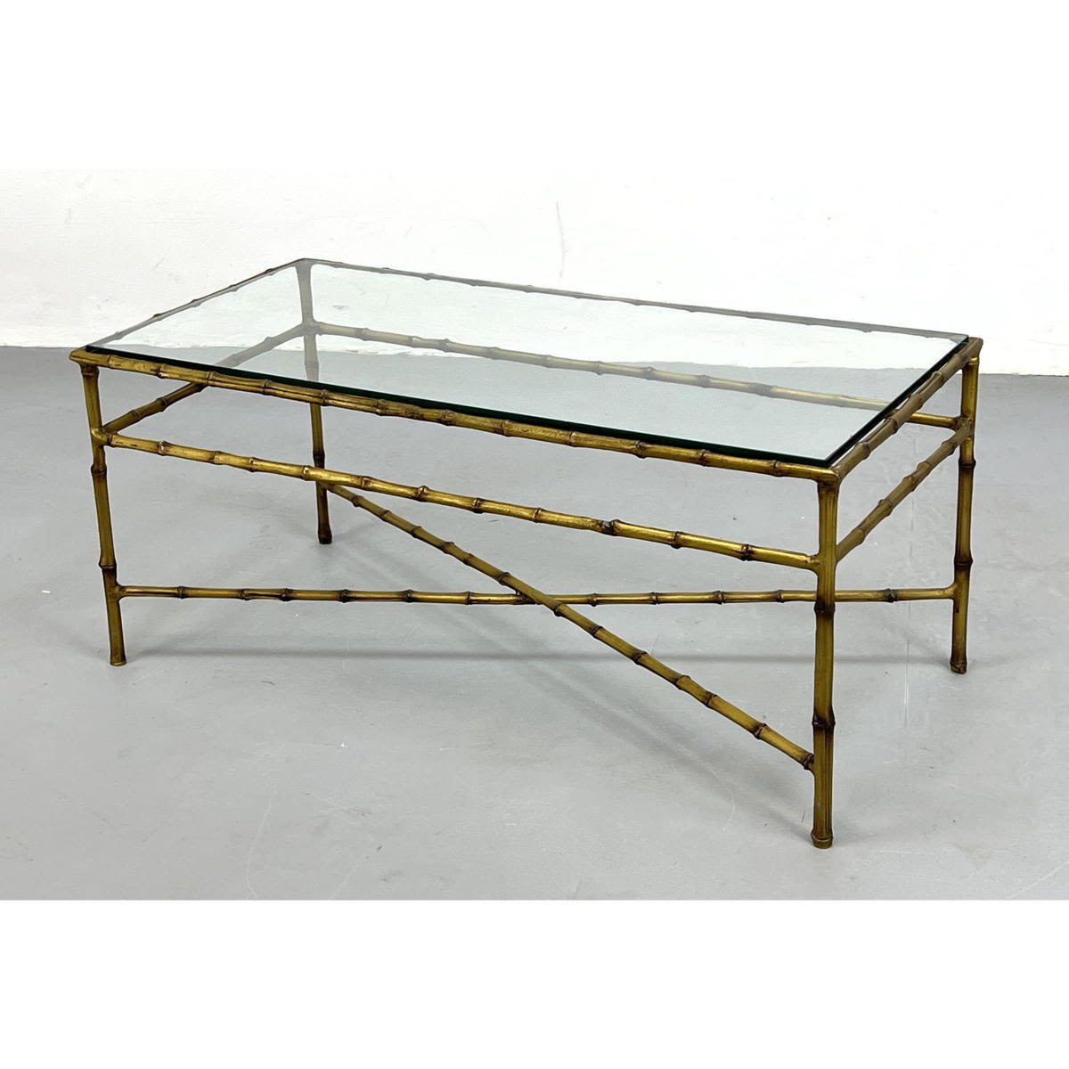 Appraisal: Brass Faux Bamboo Frame Glass Top Coffee Table X Stretcher