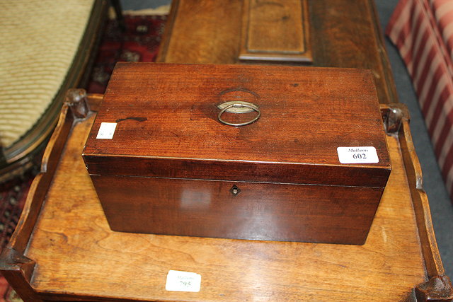 Appraisal: A REGENCY MAHOGANY TEA CADDY with silver ring handle lifting