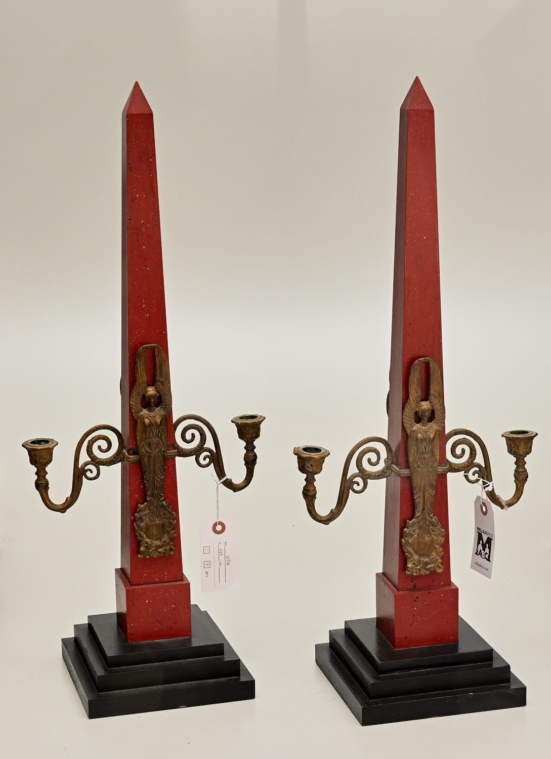 Appraisal: PAIR ITALIAN NEOCLASSICAL STYLE OBELISK CANDELABRA Mid th c red