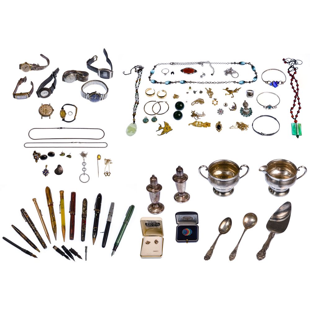 Appraisal: GOLD STERLING SILVER COSTUME JEWELRY AND WRIST WATCH ASSORTMENTIncluding a