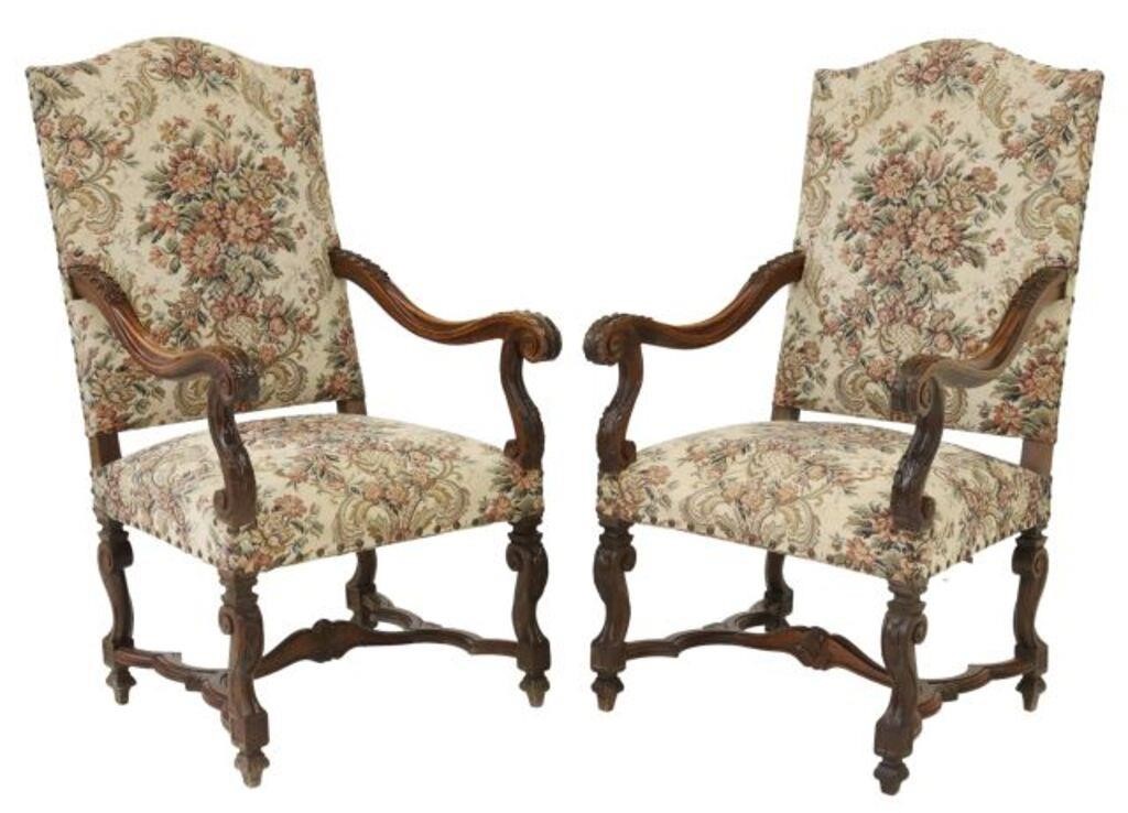 Appraisal: pair French Louis XIV style highback armchairs late th early