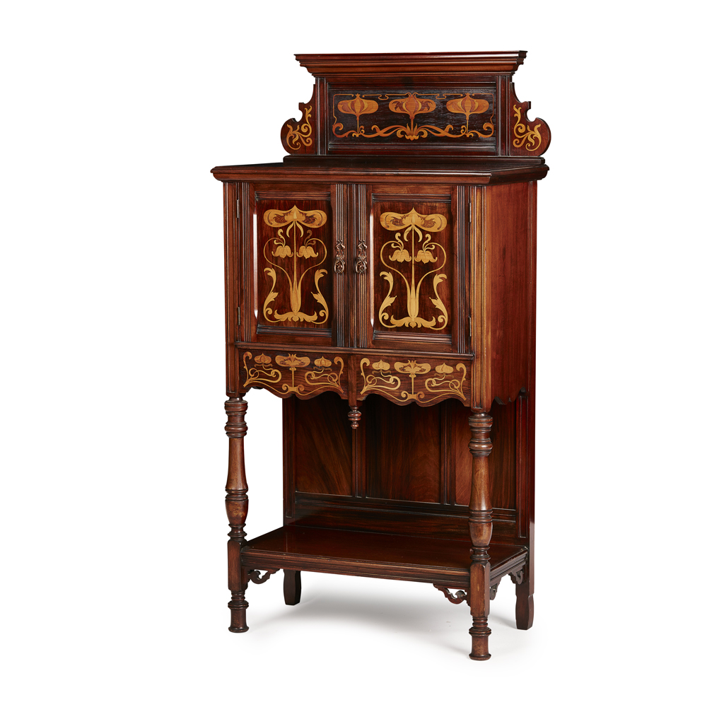 Appraisal: ART NOUVEAU MAHOGANY AND INLAID SIDE CABINET CIRCA the shaped