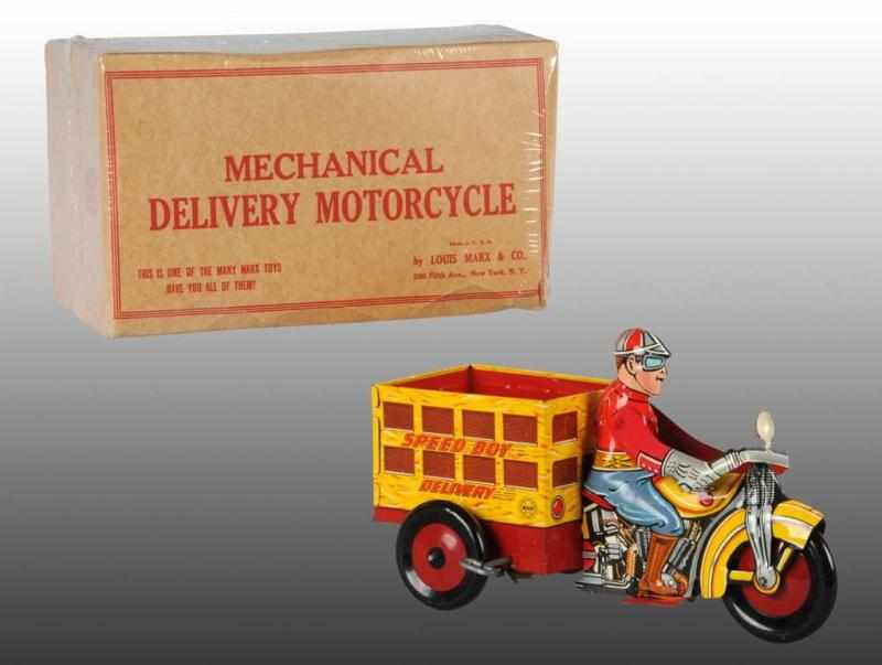 Appraisal: Tin Marx Speed Boy Motorcycle Wind-Up Toy Description American Working