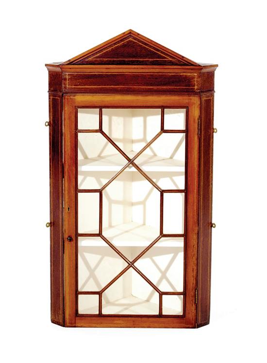 Appraisal: English inlaid mahogany hanging corner cupboard late th century peaked