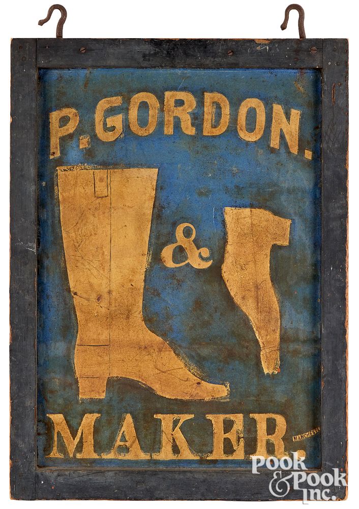 Appraisal: Painted tin double sided trade sign boot maker Painted tin