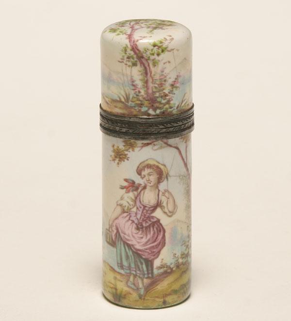 Appraisal: French silver mounted enamel scent bottle hand painted with a