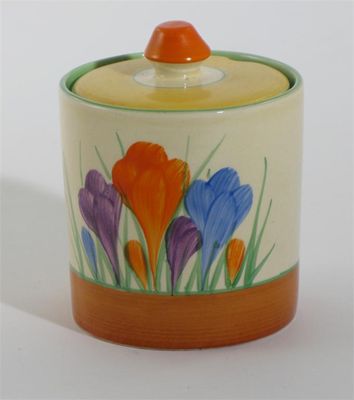 Appraisal: Crocus' a Clarice Cliff cylindrical preserve pot and cover painted