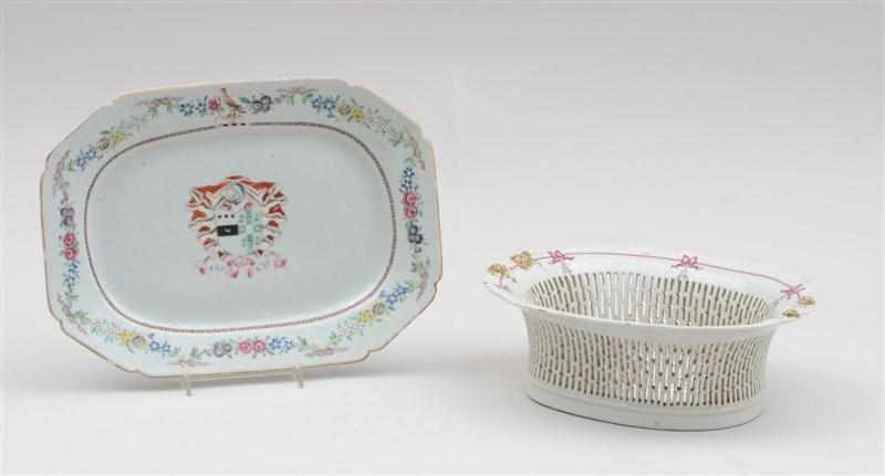 Appraisal: CHINESE EXPORT ARMORIAL PORCELAIN SMALL CHAMFERED RECTANGULAR PLATTER AND A