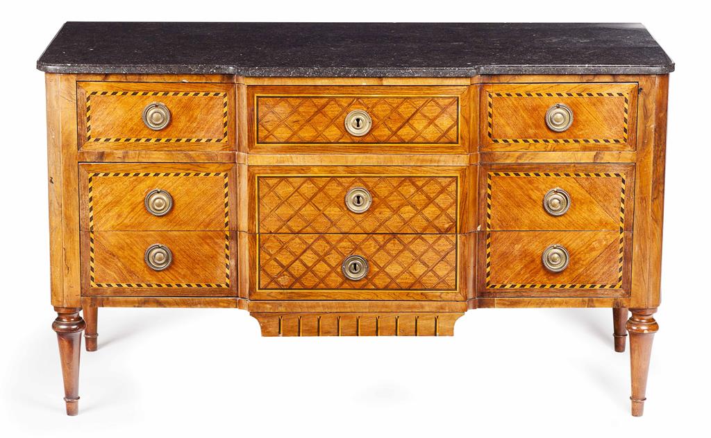 Appraisal: FRENCH TRANSITIONAL STYLE KINGWOOD AND AMARANTH PARQUETRY COMMODE TH CENTURY