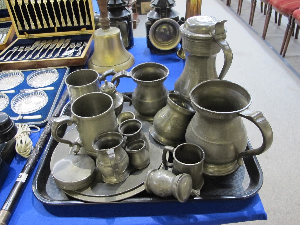 Appraisal: A tray lot of pewter items including a tappit hen