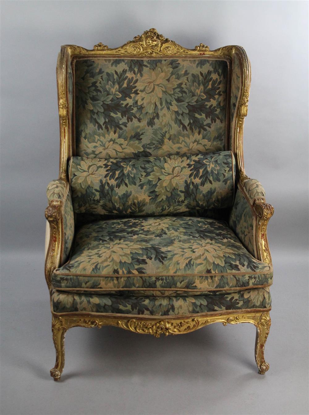 Appraisal: LOUIS XV STYLE GILTWOOD BERGERE WING CHAIR WITH TAPESTRY UPHOLSTERY