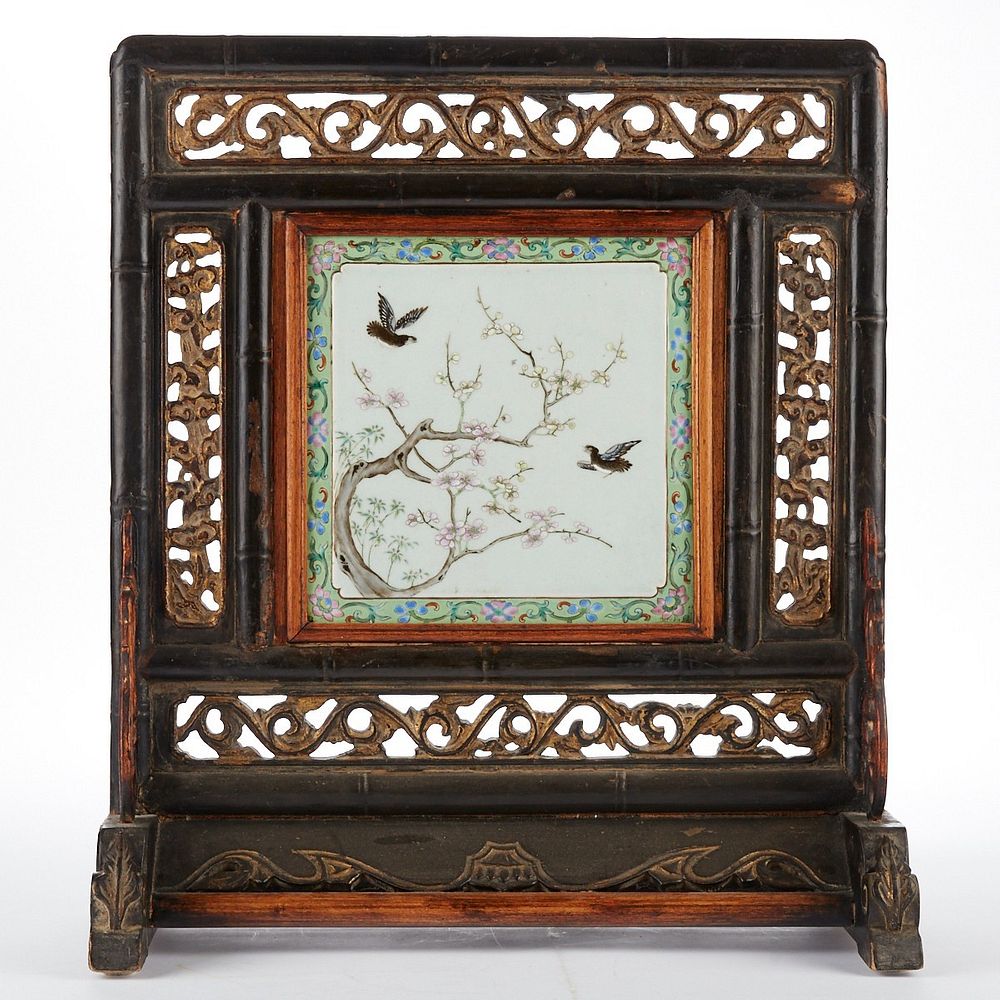 Appraisal: Early th c Chinese Table Screen w Porcelain Plaque Early