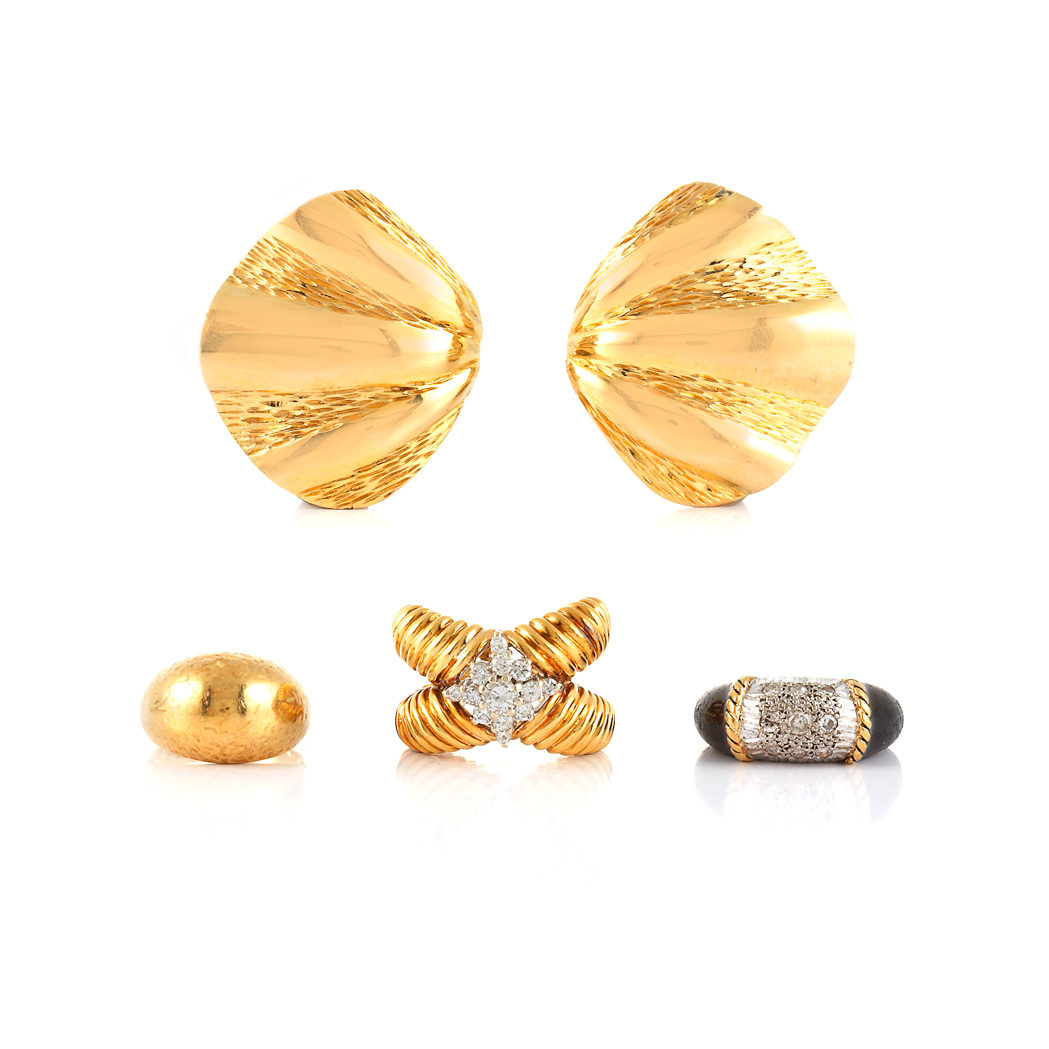 Appraisal: Three Gold Rings and Pair of Earrings kt diamonds ap