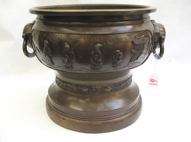 Appraisal: JAPANESE BRONZE HIBACHI having raised cartouches with the seven sages