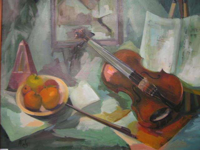 Appraisal: Margaret Kelly Oil on Canvas still life with violin x