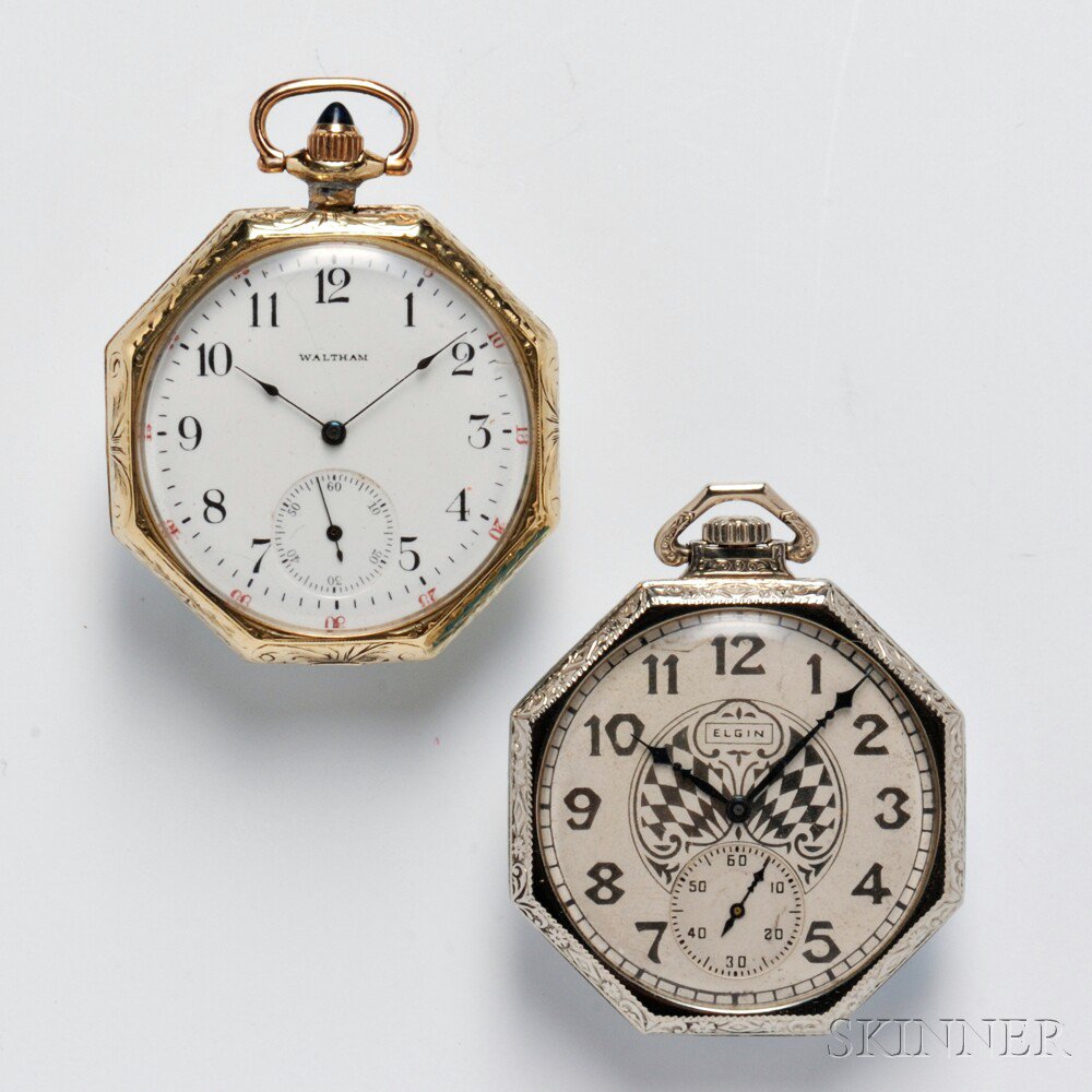 Appraisal: Two Gold Octagonal Open Face Watches Waltham no and Elgin