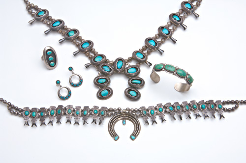 Appraisal: NAVAJO Two squash blossom necklaces in silver and turquoise with