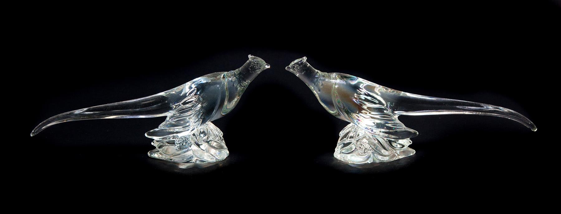 Appraisal: PAIR OF HEISEY CLEAR GLASS RINGED PHEASANTS Newark Ohio mid