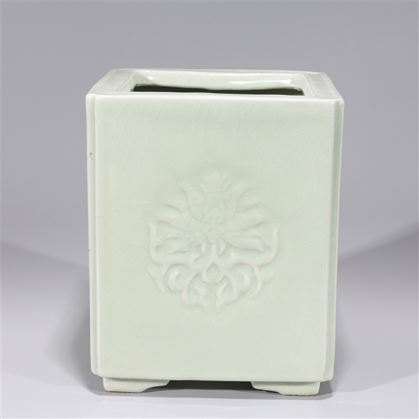 Appraisal: Chinese celadon glazed square form porcelain vase with floral designs