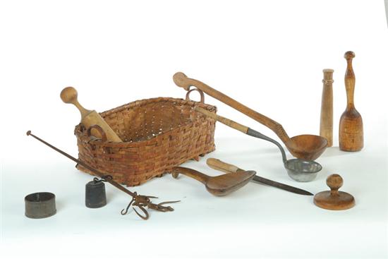 Appraisal: GROUP OF KITCHEN TOOLS AND A BASKET American th century