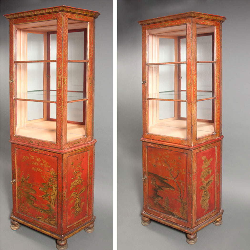 Appraisal: Pair of Red Chinoiserie Decorated Mirrored Cabinets on Stands th