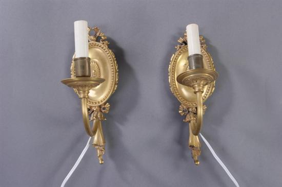 Appraisal: PAIR LOUIS XVI-STYLE BRONZE DOR SINGLE LIGHT WALL SCONCES early