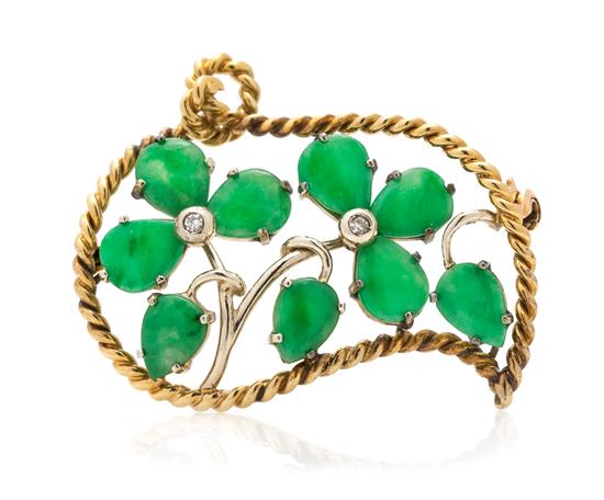 Appraisal: Sale Lot A Yellow Gold Jade and Diamond Brooch containing