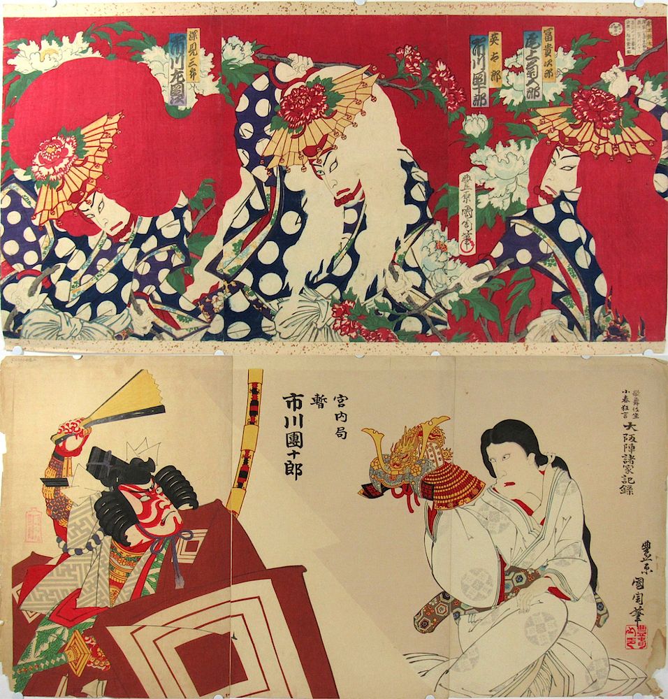 Appraisal: KUNICHIKA Toyohara Two Kabuki Triptychs Ichikawa Danjuro IX as Kamakura