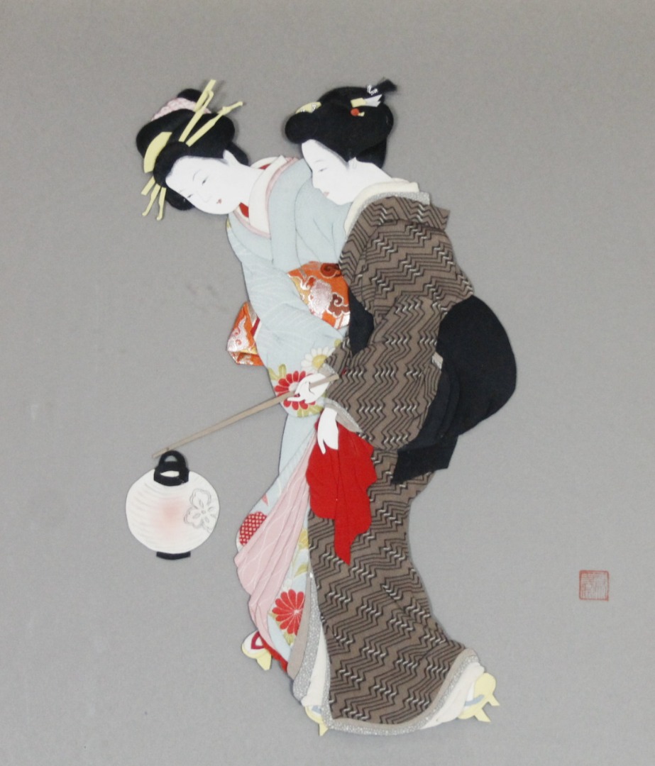 Appraisal: A Ryan th Anniversary Figures of Geisha raised material diorama