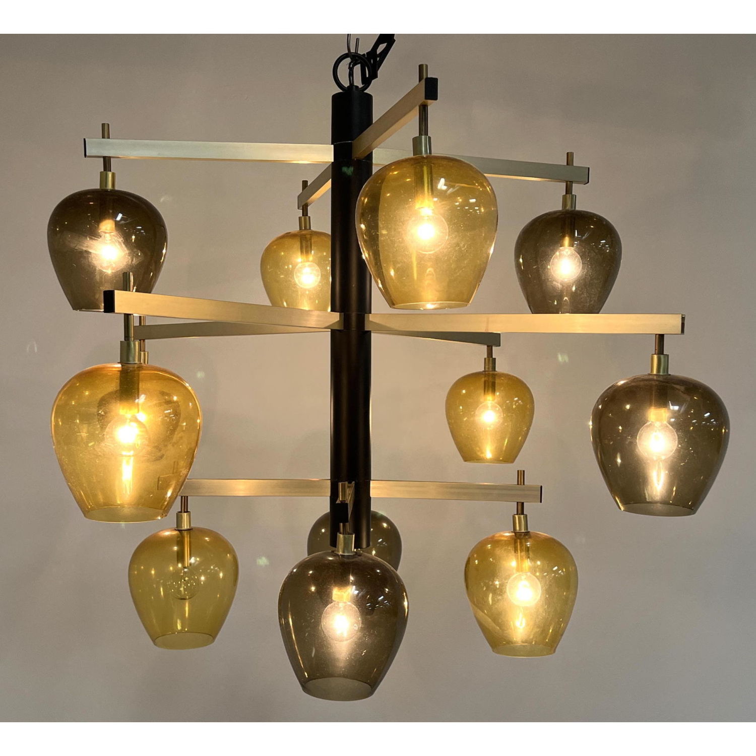 Appraisal: Large LIGHTOLIER Modernist Hanging Chandelier Metal rods support amber and