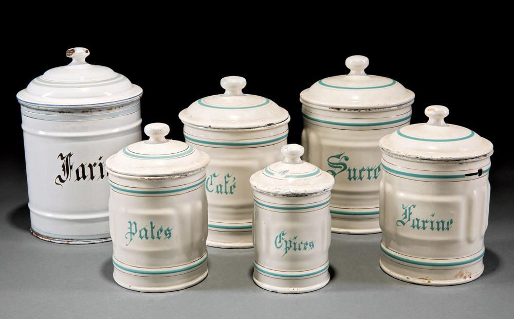 Appraisal: Six Antique French Painted Tin Kitchen Canisters h in to