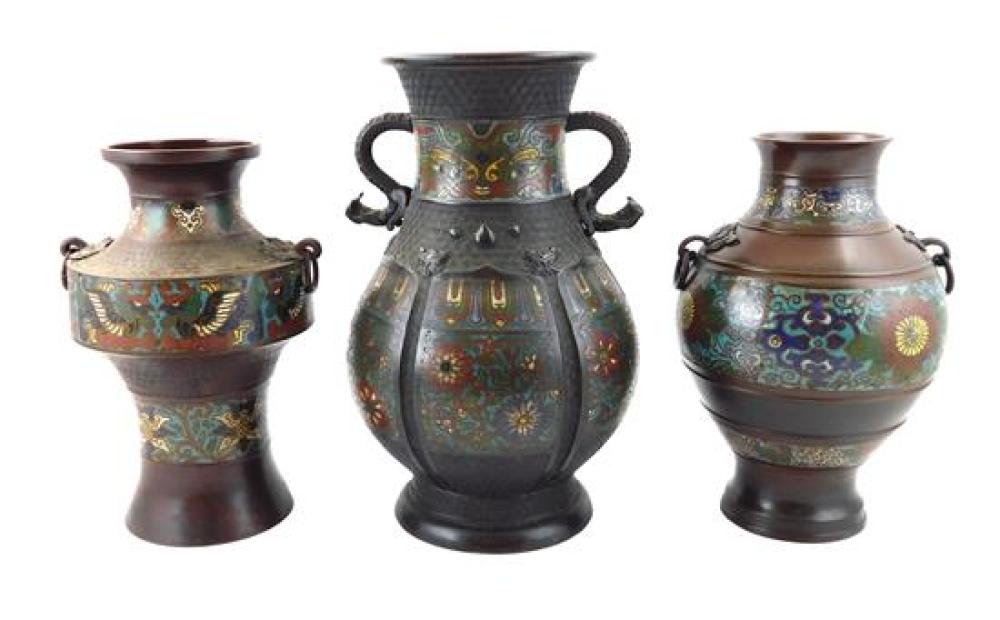 Appraisal: ASIAN Three Chinese bronze and champlev vases th th C