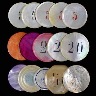 Appraisal: Miscellaneous Mother of Pearl Gambling Chips Circa Including with engraved