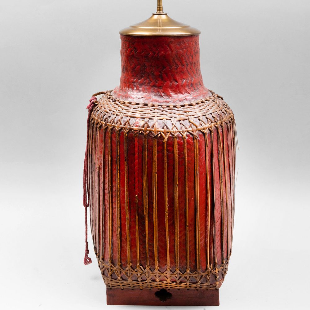 Appraisal: Japanese Red Lacquer Basket Mounted as a Lamp x x