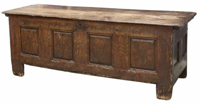 Appraisal: English Jacobean oak coffer storage chest th c thc hinged