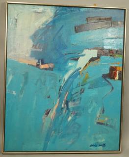 Appraisal: ALVIN SMITH Modernist Blue Abstract Oil Painting Blues with pink