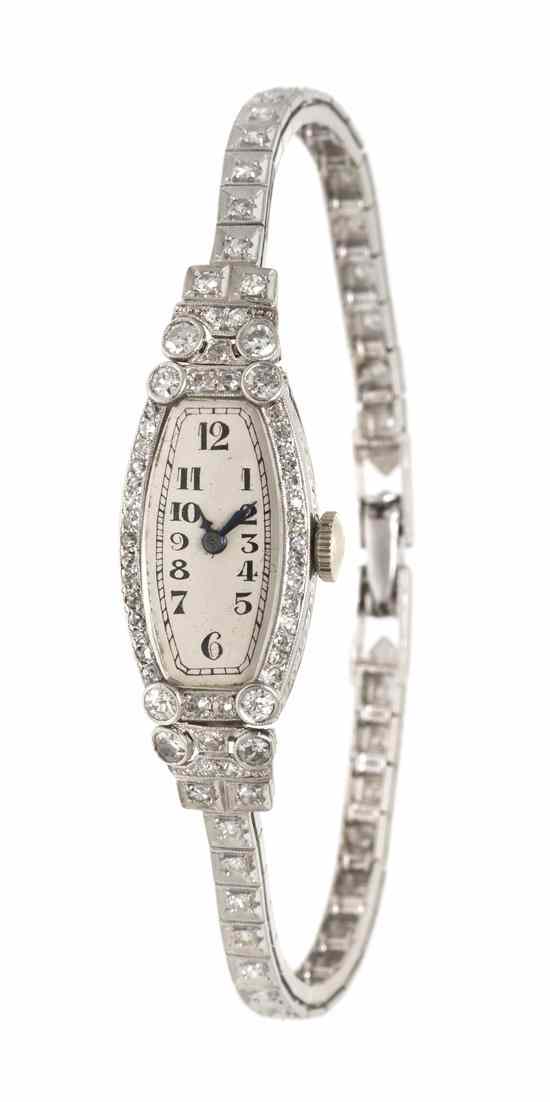 Appraisal: An Art Deco Platinum and Diamond Wristwatch x mm tonneau