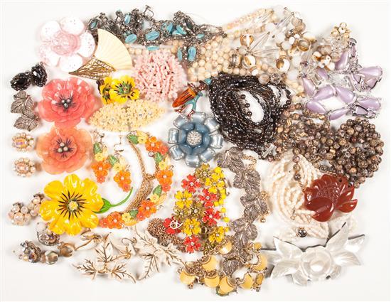 Appraisal: Assortment of flower-formed brooches beaded necklaces and clip-earrings