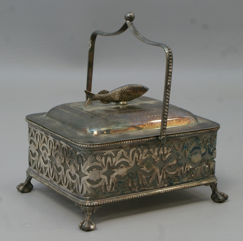 Appraisal: Silver plate sardine box with crystal insert marked H H