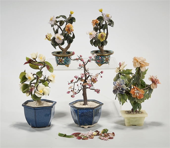 Appraisal: Five Chinese hardstone trees two planters cloisonne one is hardstone