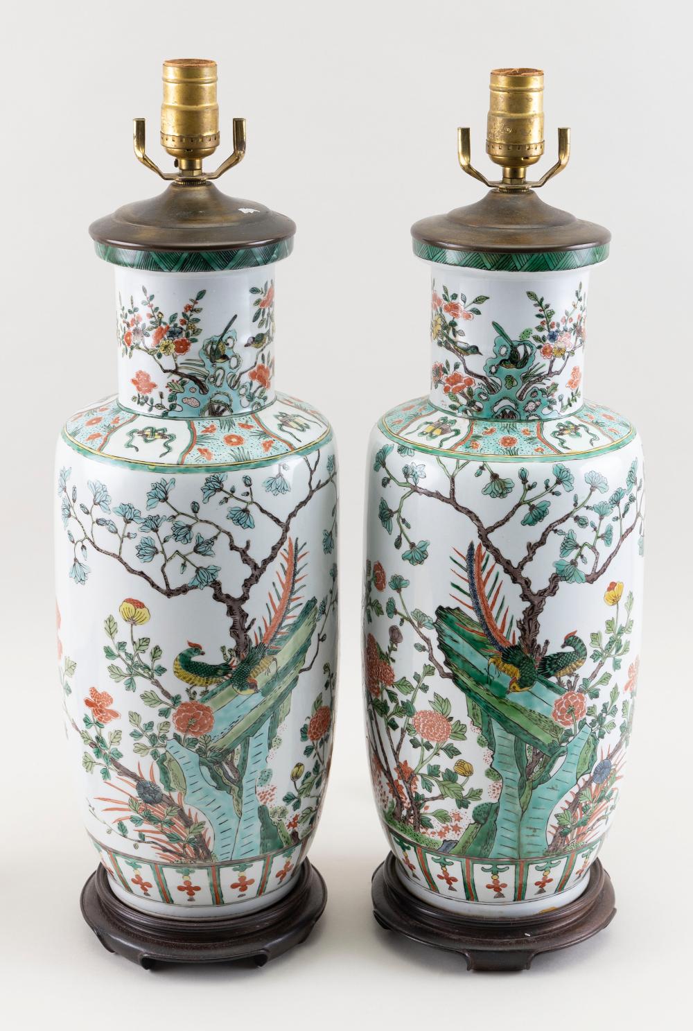 Appraisal: PAIR OF CHINESE FAMILLE VERTE PORCELAIN ROULEAU VASES TH CENTURY