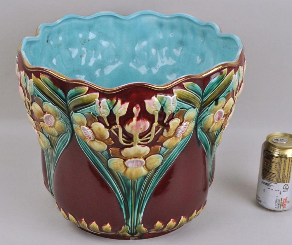 Appraisal: Art Nouveau Style Majolica Jardiniere lobed form with irises in