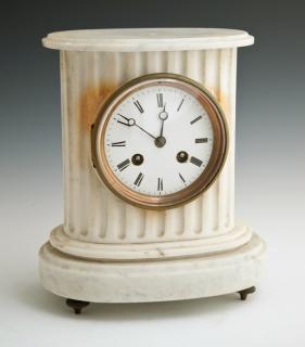 Appraisal: French White Marble Mantel Clock th c of oval reeded