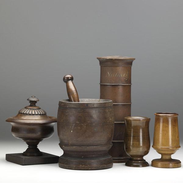 Appraisal: WOODENWARE GROUPING Five pieces include Irish master salt with lid